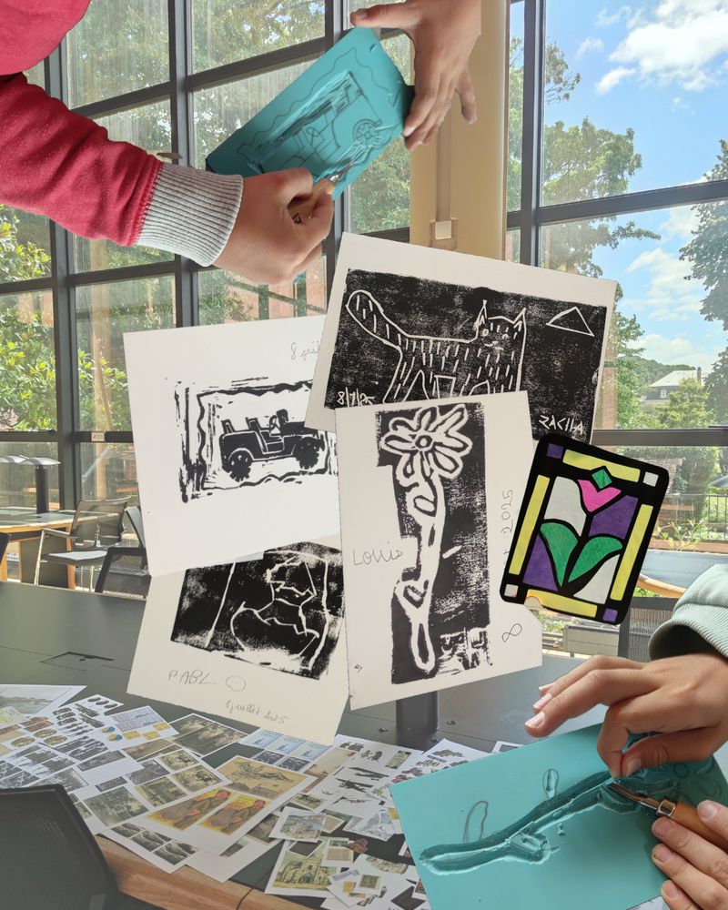 Pêle-mêle des créations des participants à l’atelier, linogravures, vitraux...