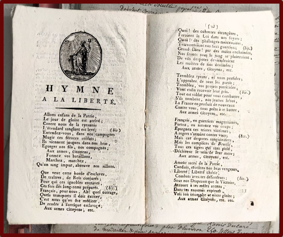 Double page d'un livret de chansons révolutionnaires, il s'agit de "l'hymne à la liberté". 
