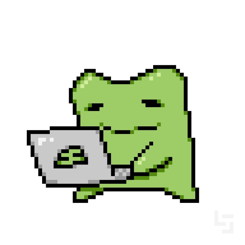 Green little frog working with laptop being a little sleepy.

Маленький зелёный лягушонок, будучи немного сонным, работает за ноутбуком 