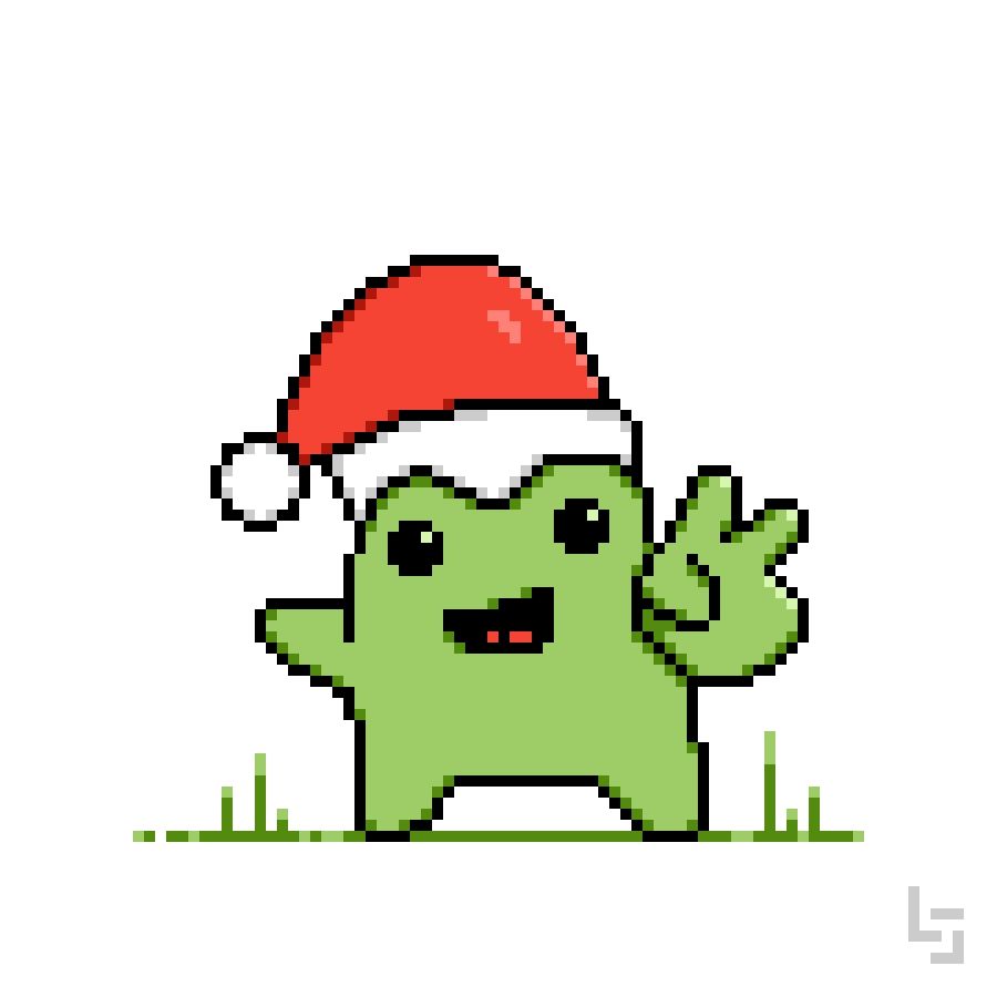 A pixelated upright funny frog in a New Years red cap greets you, showing a peace sign (palm with index and middle finger extended)

Пиксельный прямоходящий весёлый лягушонок в новогоднем красном колпаке приветствует тебя, показывая знак мира (ладонь с выдвинутыми указательным и средним пальцем)