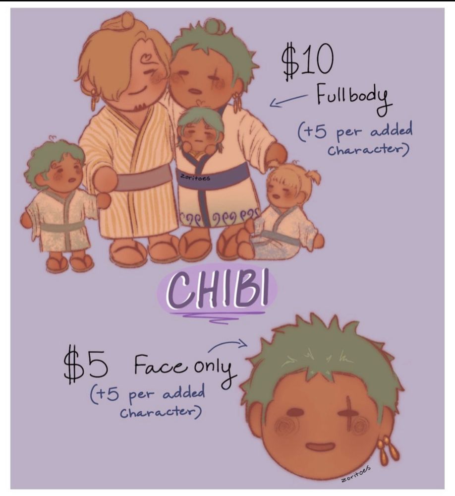 chibi art syle. prices range from $5-$10+