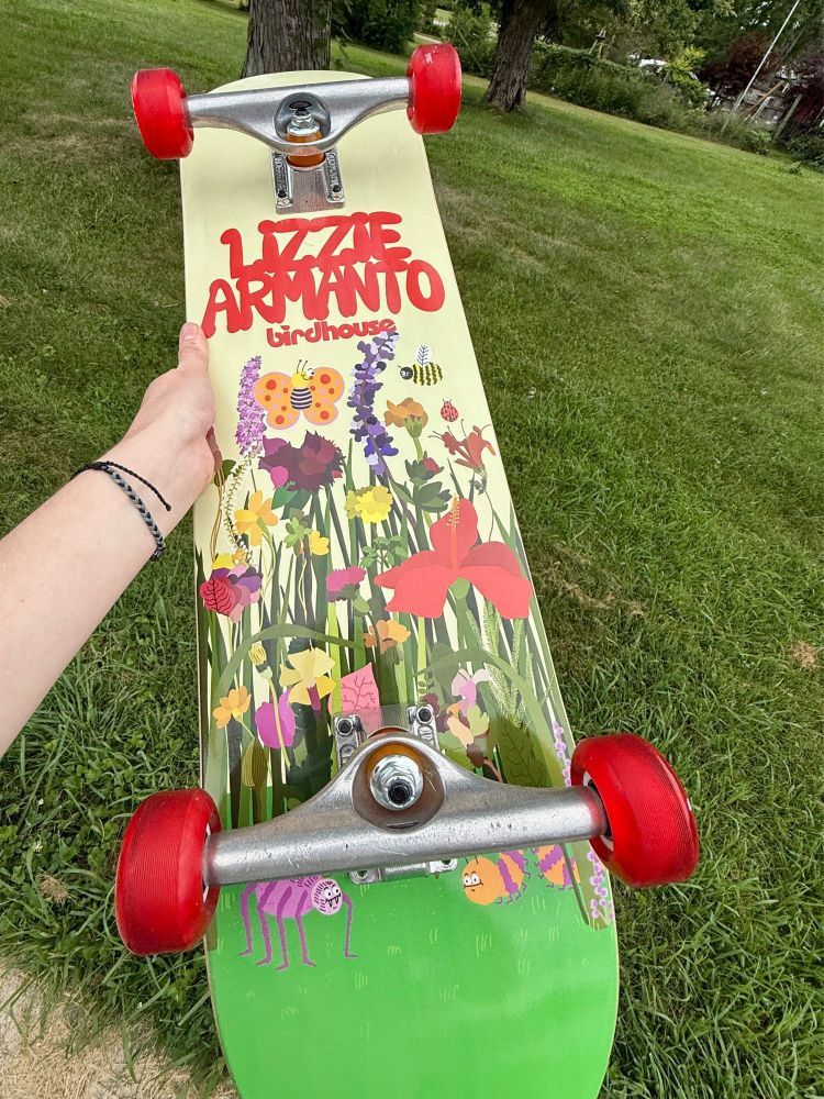 A hand holds up a Lizzie Armanto Birdhouse skateboard. The design features smiling bugs and flowers. 