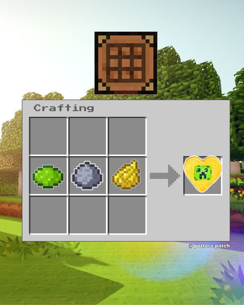 A digital crafting table resembling that of Minecraft.  Green and yellow dyes are mixed with clay to create a creeper magnet. 