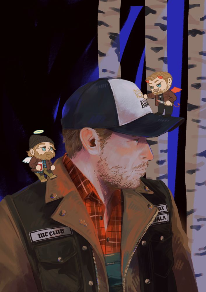 a painting of ilmo koskela from alan wake 2. around him there are chibi illustrated versions of his brother jaakko as a little angel and his evil past doppelganger...? ilmari huotari as a little devil. the background is a moody minimal birch tree forest with dramatic blue lighting.