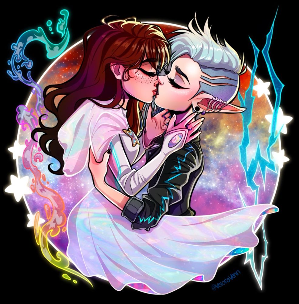 Veyla (the main character) and Ash (the frenemy/lover) kissing. Veyla has long brown hair and freckles. Ash has white hair in an asymmetrical undercut style and pointy fae ears. Veyla’s wearing an opal cloak. 