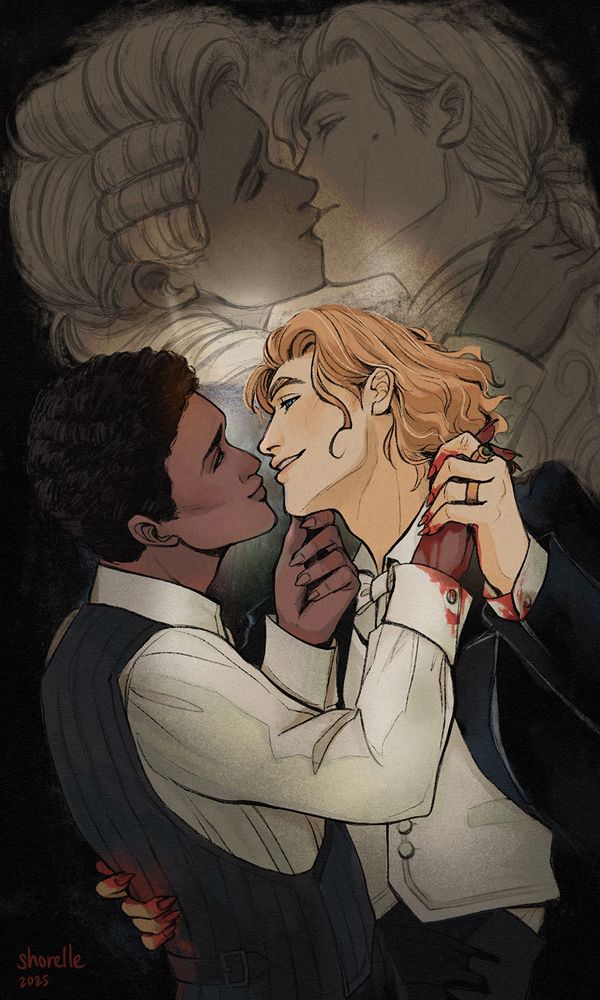Lestat and Louis dancing in formal wear with bloody hands in the foreground, with their kiss from the S1E7 ball in the background.