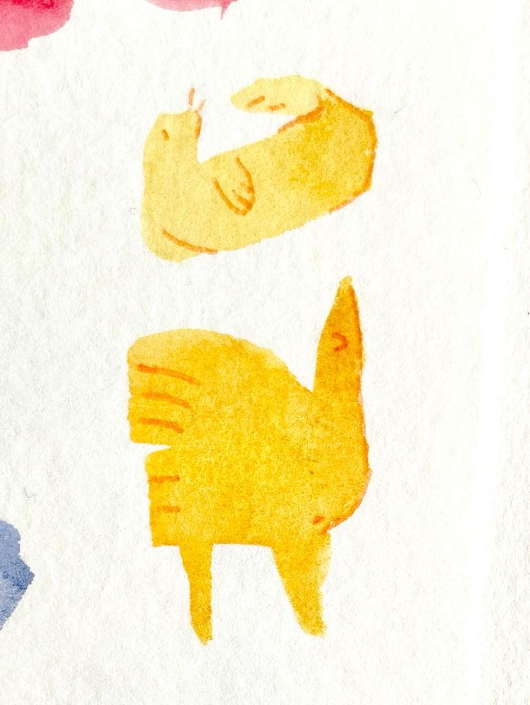 Golden yellow watercolor doodles of a goose and a sea lion. The details have been drawn in Orange pen.