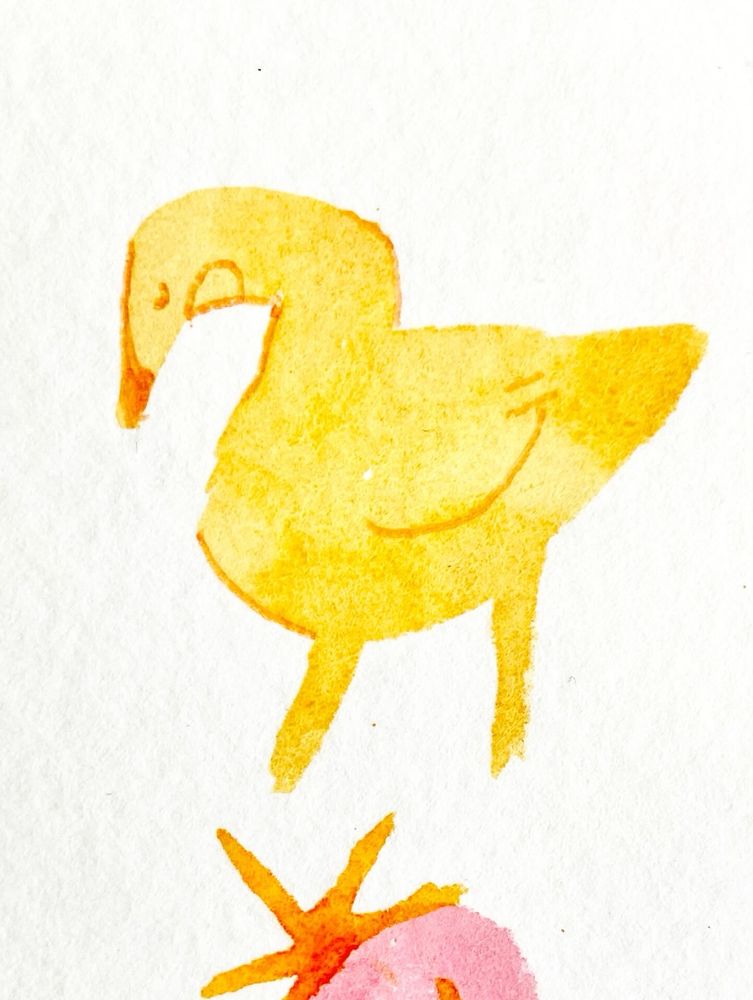 Golden yellow watercolor doodle of a Canada goose. The details have been drawn in Orange pen. At the bottom the top of a pink watercolor strawberry with orange stem and leaves peeks up
