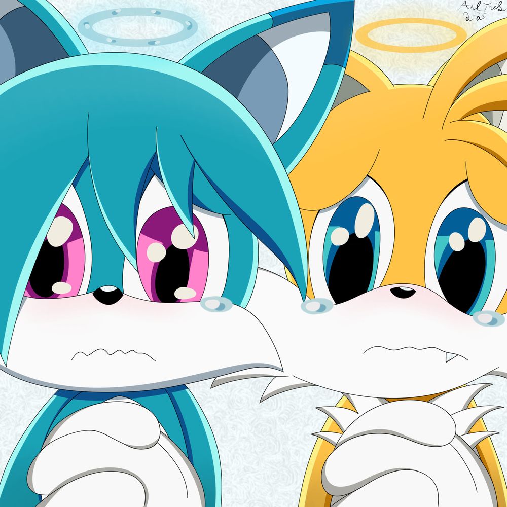 Tails and Kit cup their hands together as they put on their adorable faces, pleading with Sonic and Surge to play with them. Their pupils are dilated, and tears are nearly about to trickle down their muzzles. Halos which match their fur colors hover over their heads. Tails has a small "teefie" showing through his lips. 
