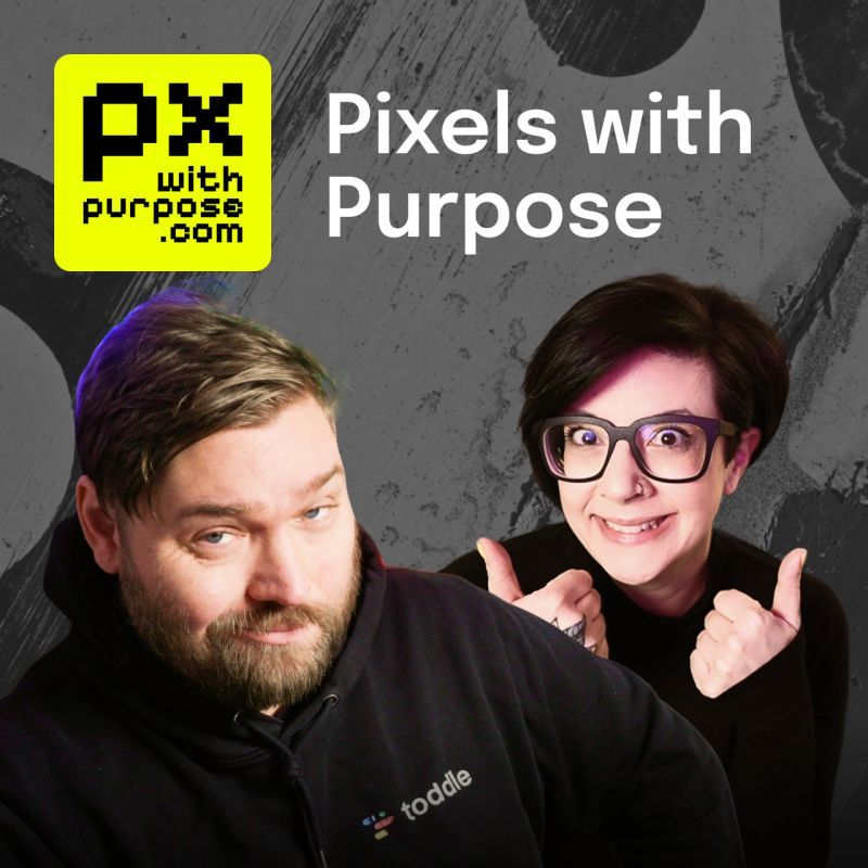 Me and Andreas looking cool, me with my thumbs up. The px with purpose logo is at the top left, black text on a yellow background, and in white text next to that is Pixels with Purpose.