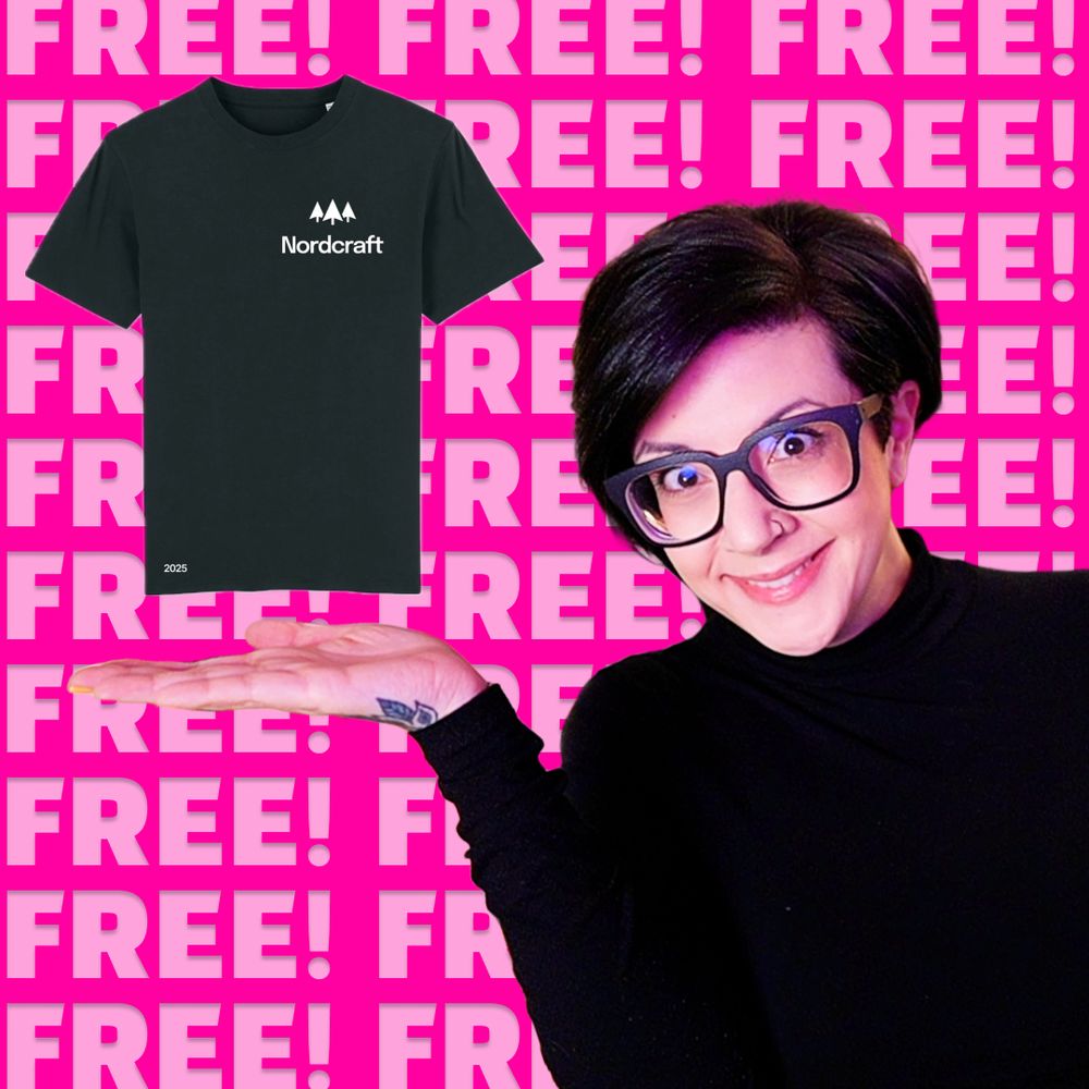 I am holding my hand out from the right, looking excited, with a floating Nordcraft t shirt just above it. The background is bright pink, with the word FREE in uppercase with a single exclamation mark repeated over and over.
