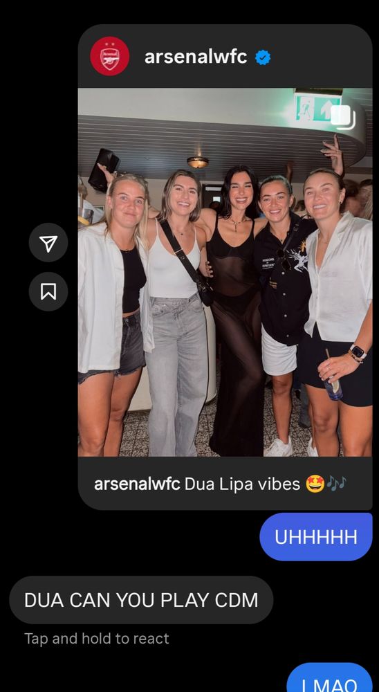 instagram dms between bluesky user e (lightinthewings) and their flatmate s, where e sends s dua lipa with the arsenal girlies and s replies "DUA CAN YOU PLAY CDM"