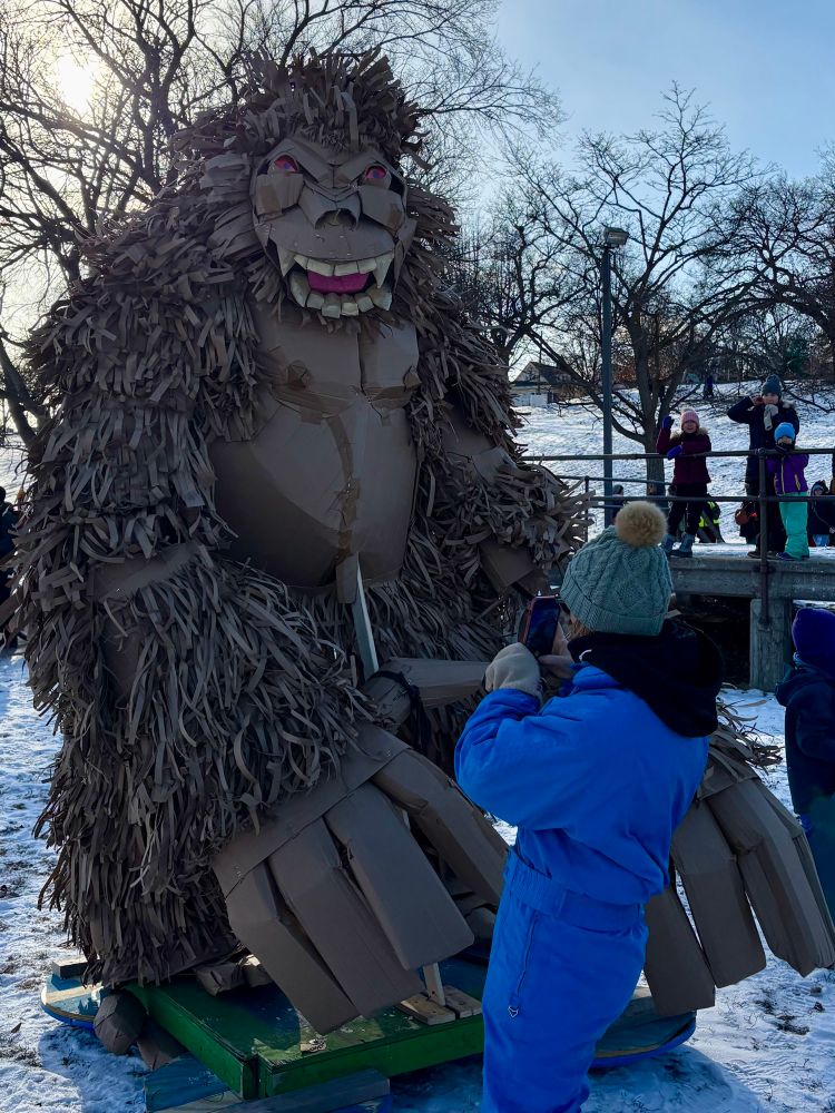 Hugh Ape made of paper and cardboard mounted on a sled for the Art Sled Rally. 