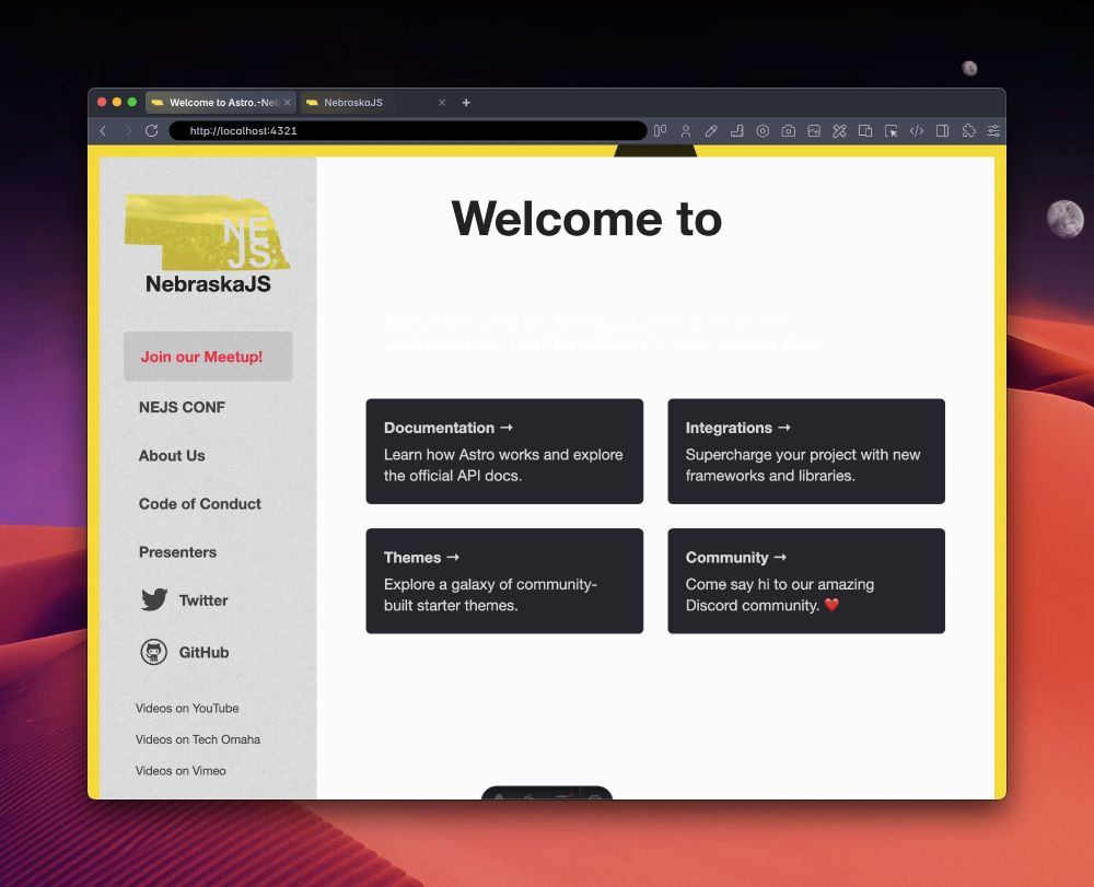 The NebraskaJS Shell with Astro's default page