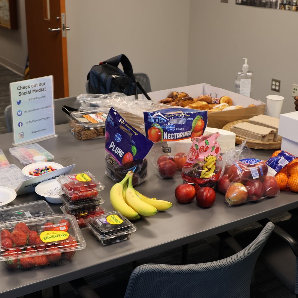 An assortment of donuts and fruit