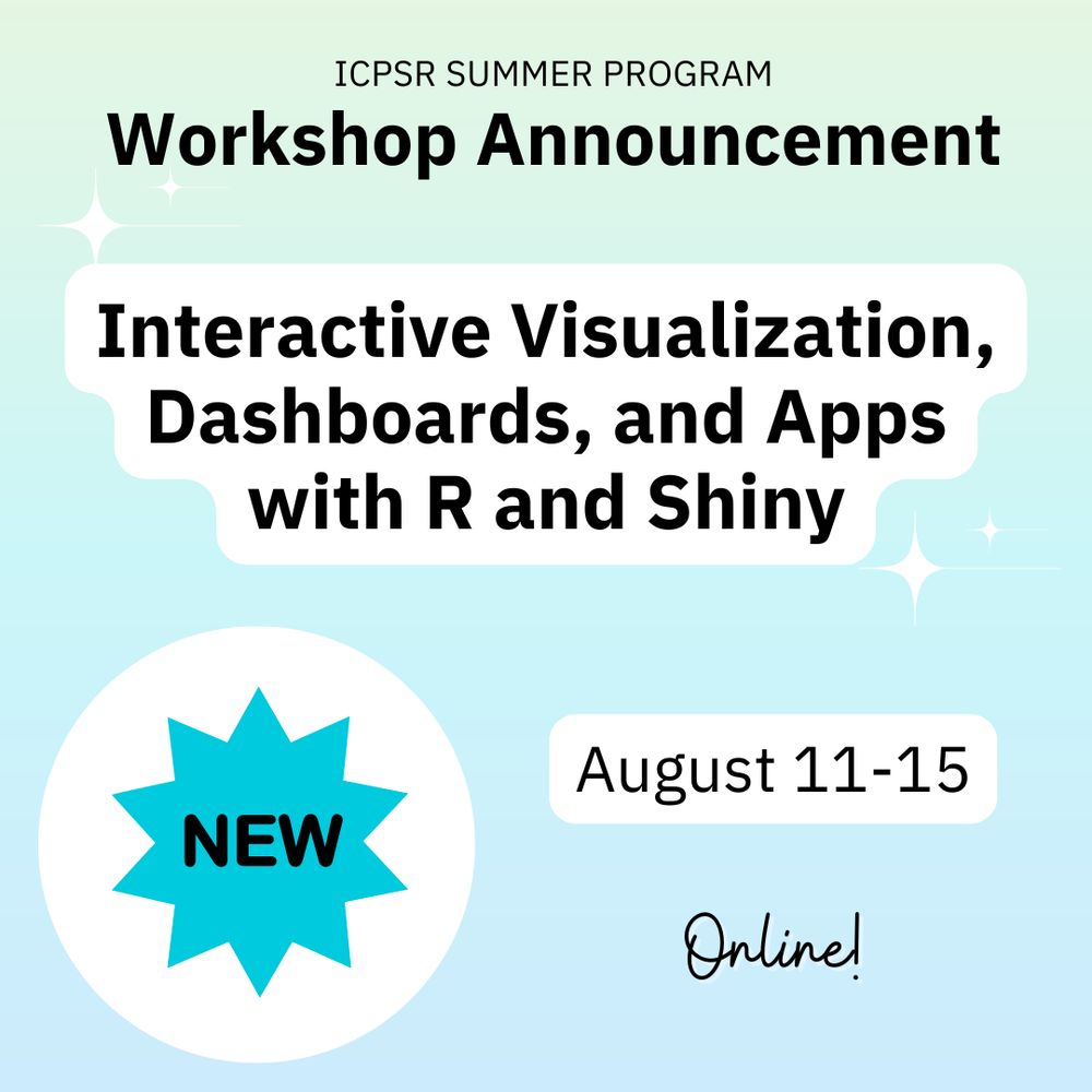 New ICPSR Summer Program Workshop Announcement! Interactive Visualization, Dashboards, and Apps with R and Shiny! Offered Online from August eleventh to August fifteenth!