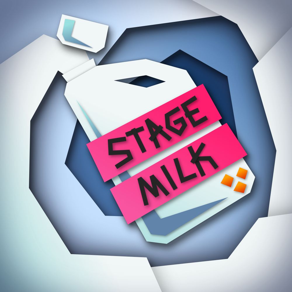digital papercraft artwork of a floating milk jug pouring milk. the milk is flowing into a whirlpool behind the jug.

on the jug is bright pink tape, with the words "STAGE MILK" written on it.

below the tape are three orange dots arranged in a triangle formation.