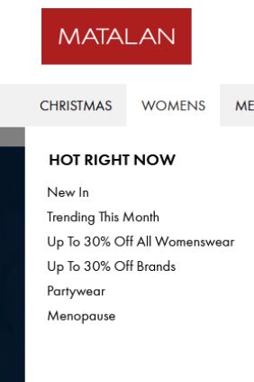 Screenshot of Matalan website. Under the heading 'hot right now' is 'menopause'.