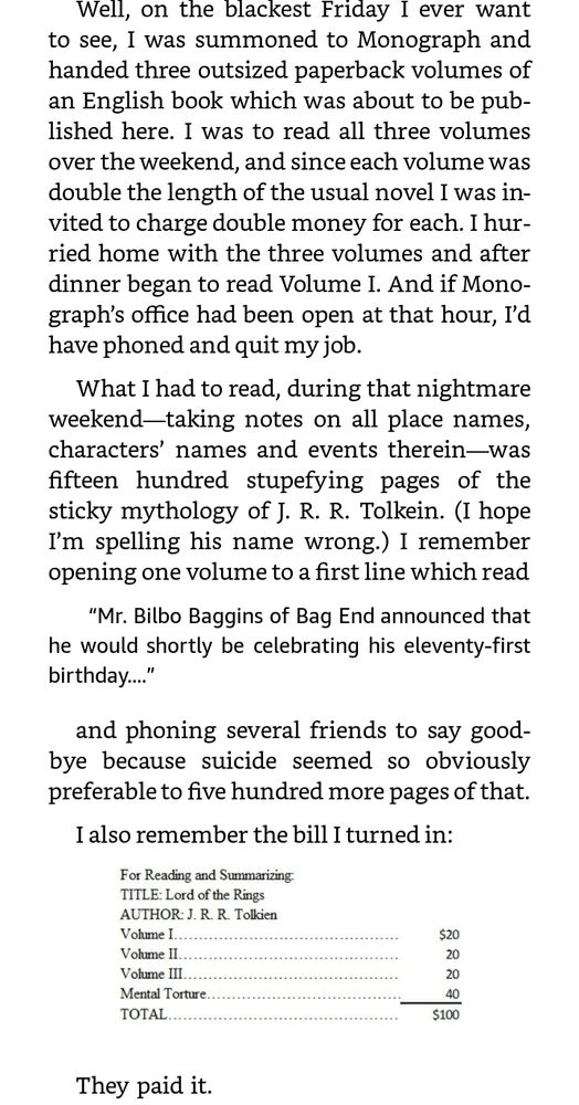 An article by Helene Hanff describing her horror at having to read all three volumes of The Lord of the Rings in a weekend. 