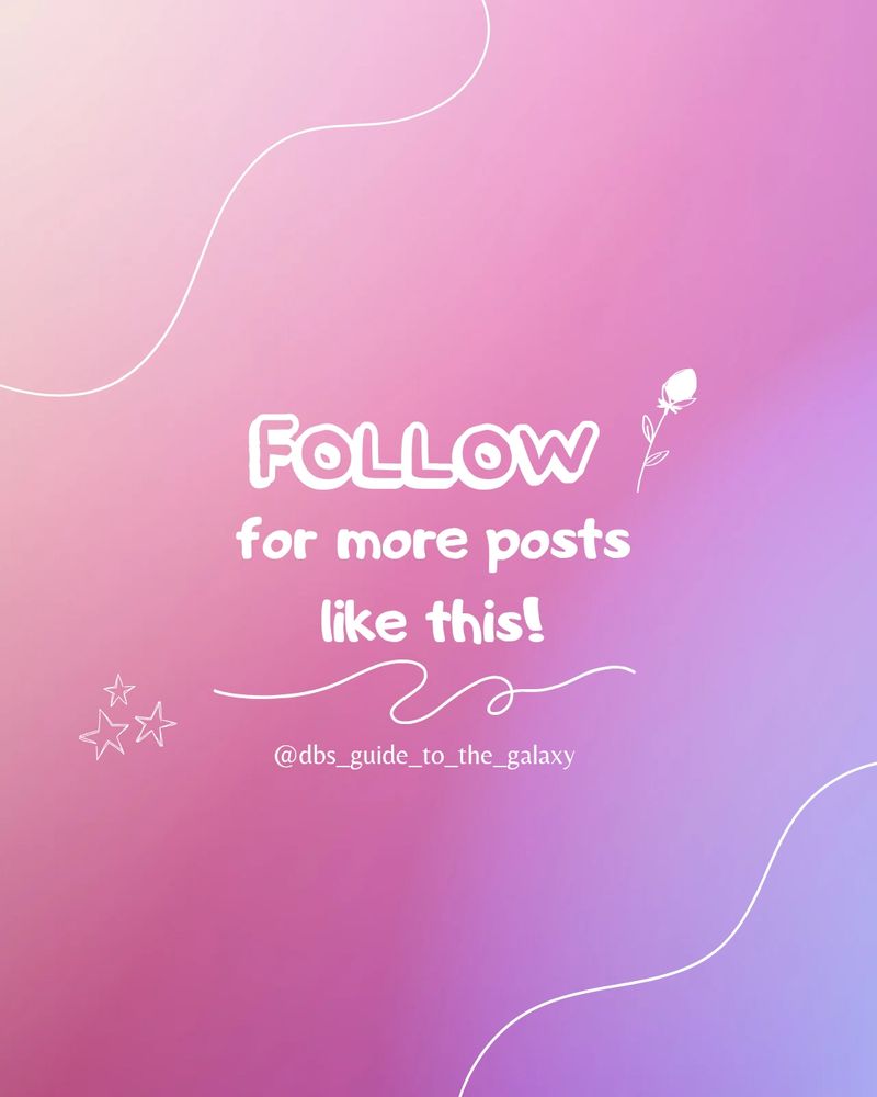 Pink, white, blue gradient background. Two thin white swirl lines top left and bottom right. In the middle of the post is text: Follow for more posts like this! In white with the white swirl under it. There's some stars near the bottom left of the text and a flower to the right of Follow. My social media handle is under the swirl

