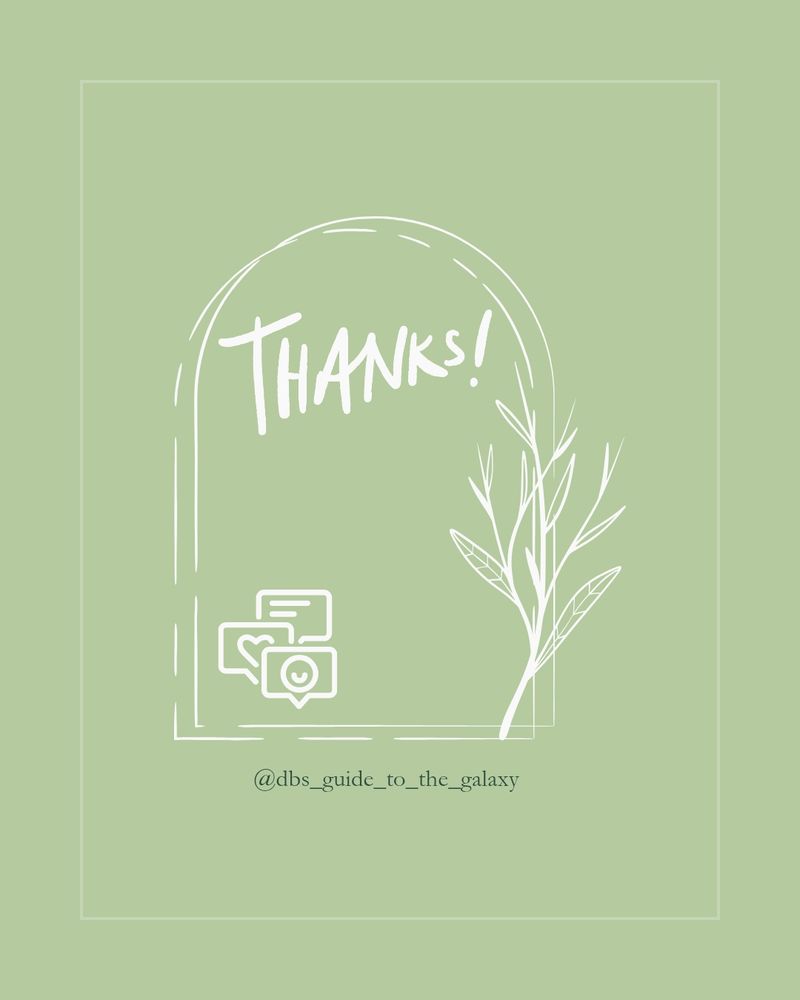 Light green background. At the bottom is my social media handle. In the middle is a curved border with a branch and leaves on the right. In the middle is "Thanks!" And 3 icons further down (comment, like, follow)