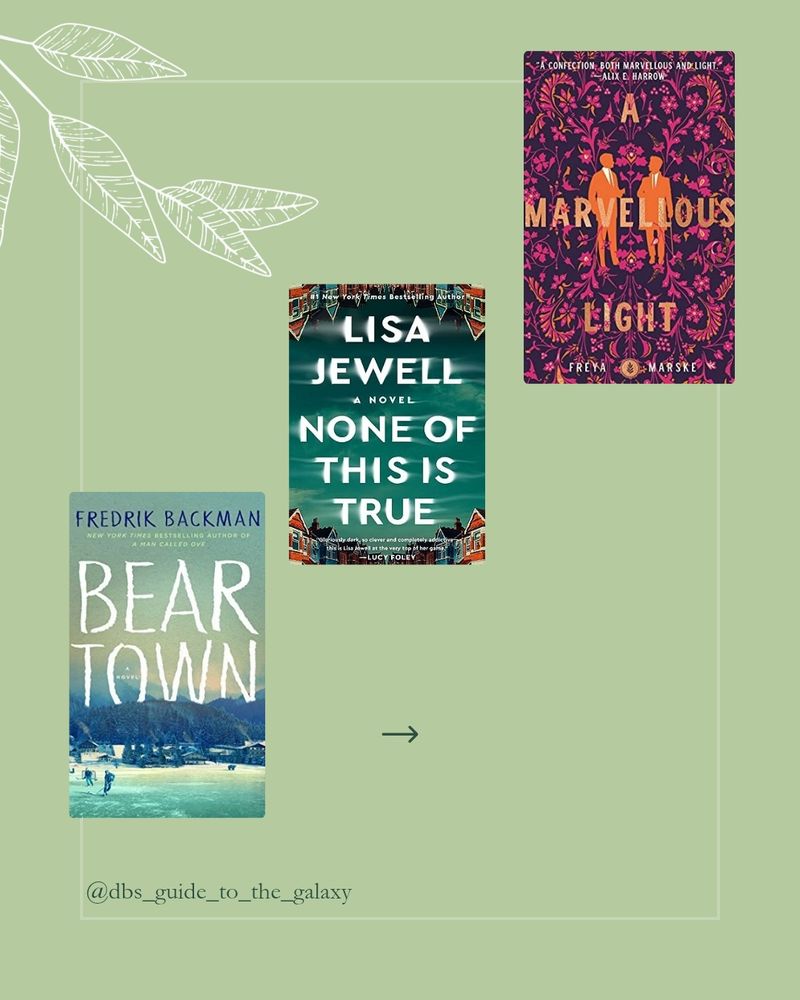 Light green background. White outlined leaf top left. My social media handle is at the bottom left. 3 book covers on this image, reading from left to right: Beartown by Fredrik Backman, None of This is True by Lisa Jewell, A Marvellous Light by Freya Marske 

