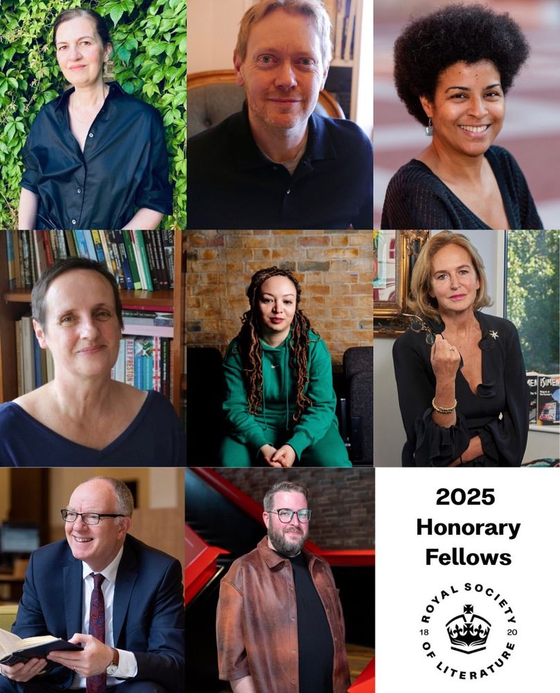 An image split into 9 equal images, 8 are the headshots of the people awarded Honorary Fellows and the final image bottom right is white with '2025 Honorary Fellows' and the Royal Society of Literature logo in black. 