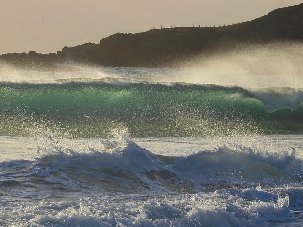 Turquoise wave breaking with sun shining through 