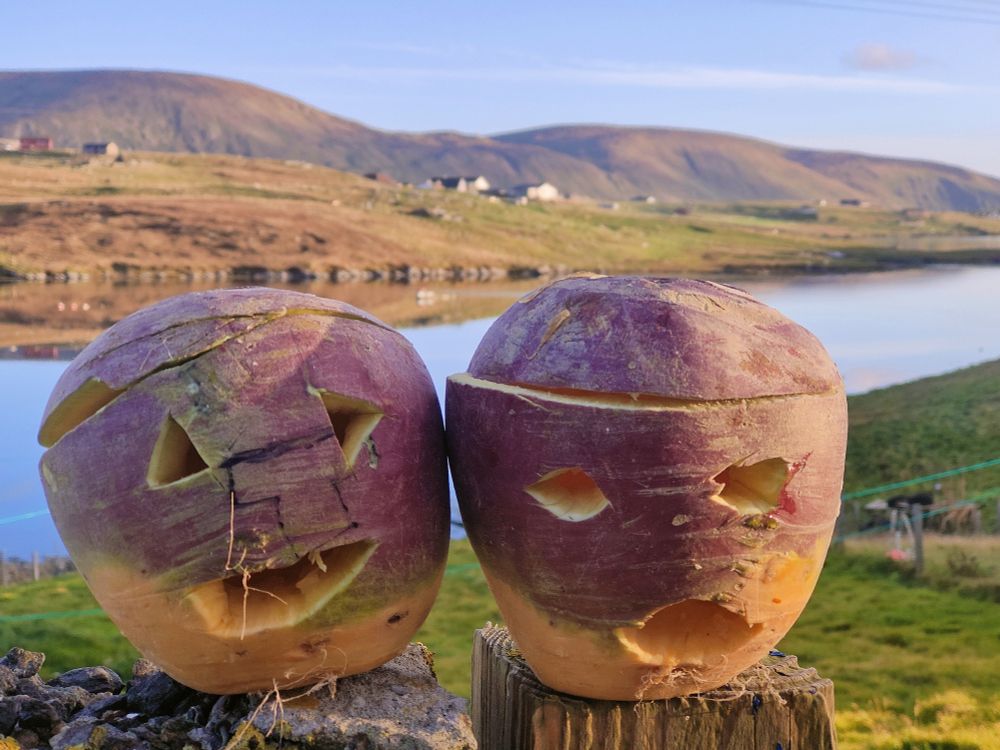 Two turnip lanterns with sea and sky behind 