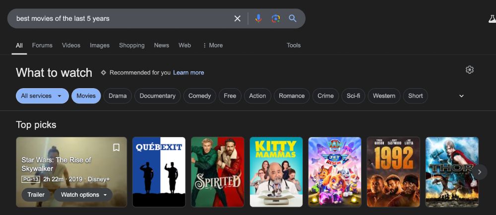 Search results for "best movie of the last 5 years" has Star Wars: Rise of Skywalker as the top result provided in Google's "top pick's" section.
