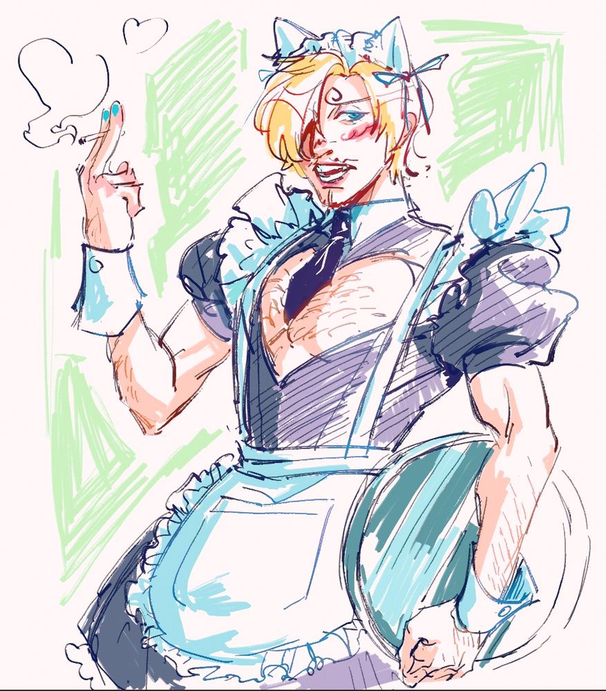 Sketch of Sanji wearing a catmaid outfit with a heart shaped cutout at the chest. He is holding a tray under one arm and a cigar on his other hand.