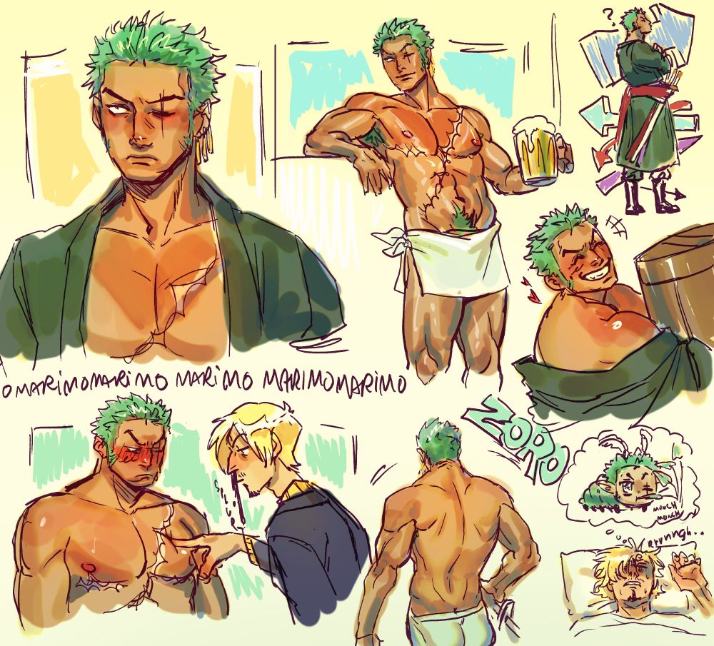 series of trans zoro sketches.
In the upper left is a bust shot of him looking serious. To its right, a sketch of him wearing nothing but a towel wrapped around his waist looking away while smirking slightly and holding a beer. to the right a sketch of him standing confused with his arms crossed with a bunch of arrows pointing to different direction. beneath that, a sketch of him smiling widely while holding a huge barrel of alcohol.
In the lower left corner is sanji poking at zoro's chest, his finger digging into the soft muscle. There are copious ammounts of blood splurting out his nose. To the right of that, a sketch of zoro shirtless with his back turned to the camera.
In the lower right corner is sanji laying down have a nightmare of a small zoro catterpillar munching on leaves.