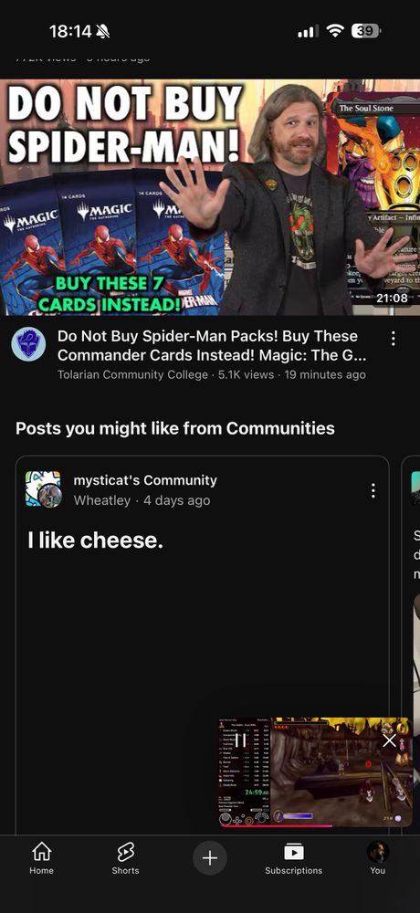 Screenshot of the YouTube app with a community posts taking up more than have of the screen. The post reads "I like Cheese". 