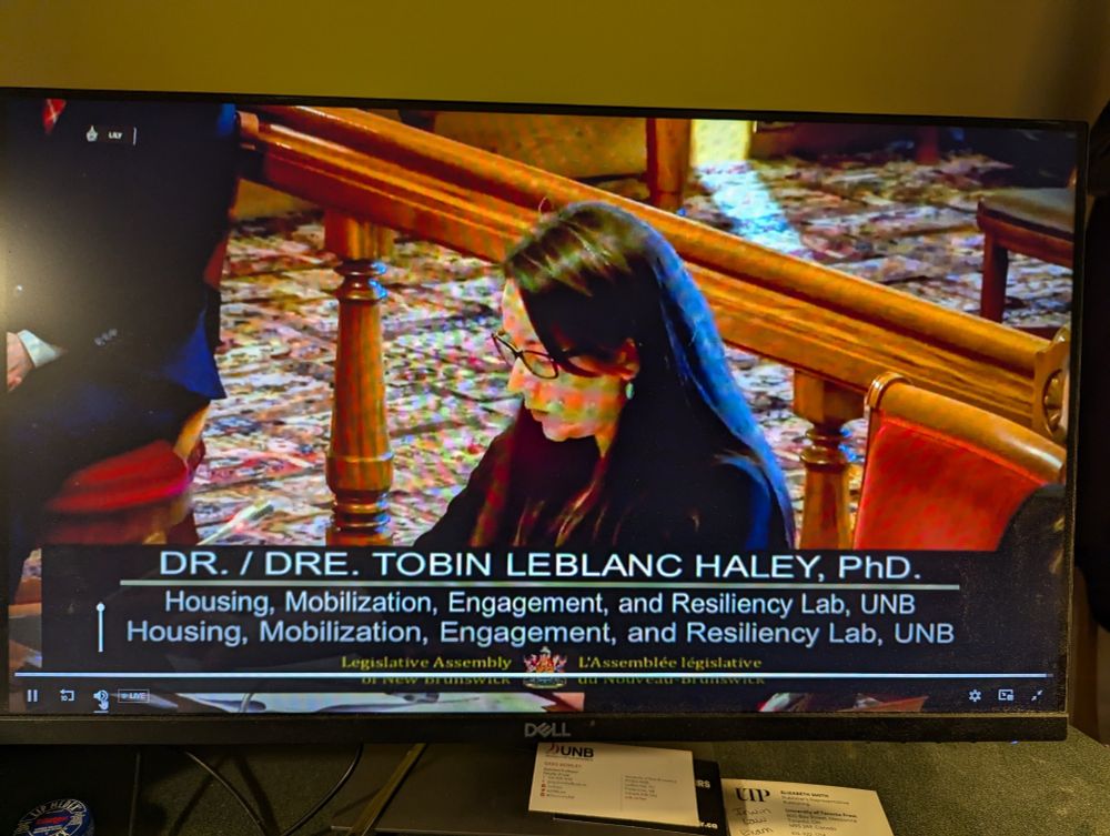 A picture of Dr Tobin LeBlanc Haley, PhD giving evidence to a committee of the New Brunswick Legislative Assembly.