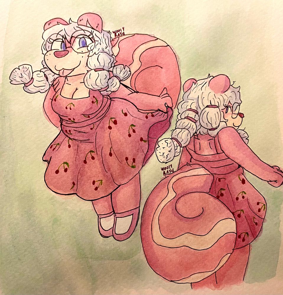 Two drawings of a pink squirrel lady in a dress with cherries on it. She has white hair tied up in long pigtails. The first drawing has her looking wide eyed at the viewer with her tongue sticking out and one hand holding up her skirt, the second drawing has her looking behind her towards the viewer 