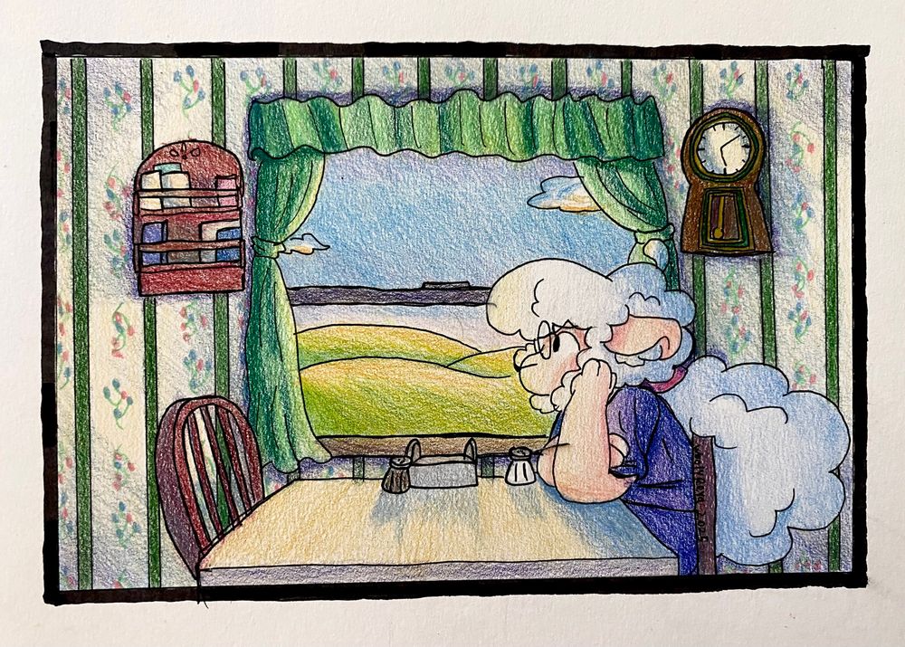 Sheep girl sits at her kitchen table alone, looking out a window longingly. It looks to be an older style interior with floral wallpaper, an older clock and a hanging shelf on the wall. “Is there life out there?” Seems to be her thoughts.