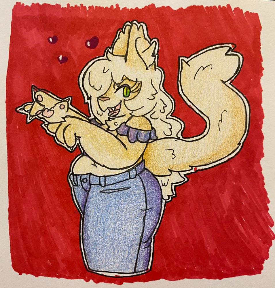 A colored pencil drawing of an anthropomorphic cat lady with blonde fur. She’s looking towards the viewer showing her claws. The background is red and there are hearts around her head 