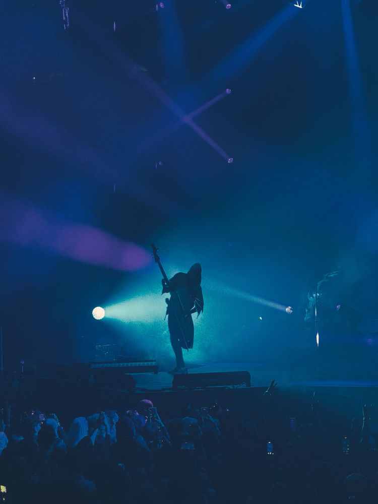 A silhouette of a bassist onstage, with only little backlight to highlight his figure amongst a sea of people in front of him. Photo carries a heavy blue hue to create an artsy and somber mood.