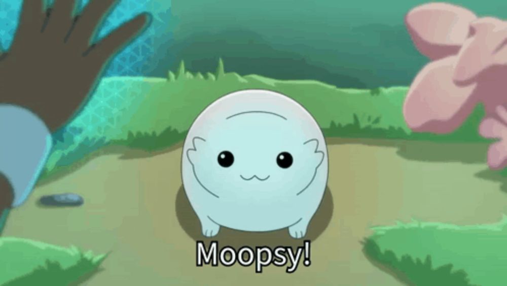 a cartoon character says moopsy in front of a hand