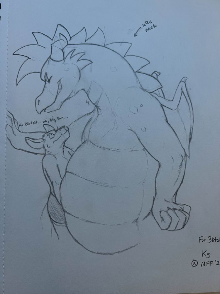 Blitzit is swallowing someone while pinning a very nervous Karma with his belly! The roo is telling the big dragon that he is a big fan!