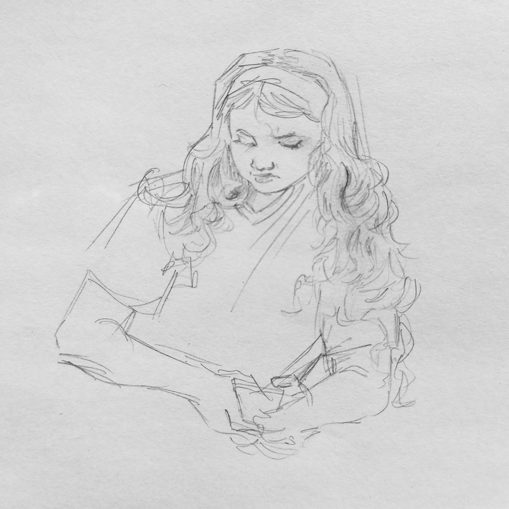 pencil sketch of a young girl with long hair. she is looking down at her phone, she seems angry and disgusted 