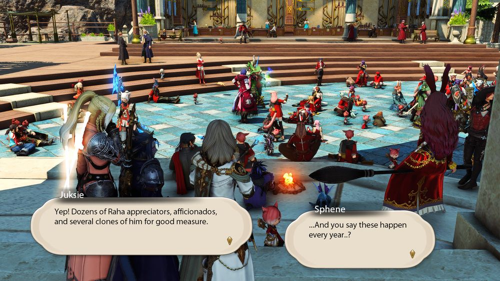 Juksie: "Yep! Dozens of Raha appreciators, afficionados, and several clones for good measure."

Sphene: "...And you say these happen every year..?"