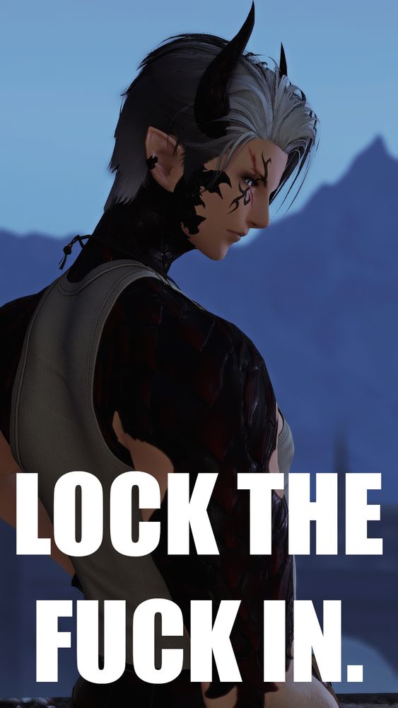 Over-the-shoulder picture of Shrike Dantes scowling at the camera in dim lighting, captioned "lock the fuck in"