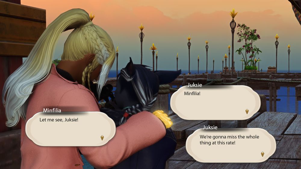 Minfilia attempts to wrest the binoculars from her hands.

Juksie: "Minfilia!"

Minfilia: "Let me see, Juksie!"

Juksie: "We're gonna miss the whole thing at this rate!"
