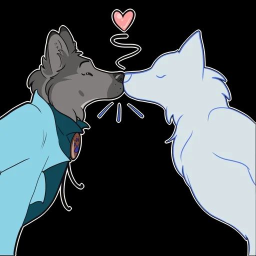 A illustration of a grey wolfdog and a "place holder" white canine gently touching noses and "kissing", with a heart symbol and swirling lines above them, suggesting affection. The grey wolf wears a blue jacket. 
The white canine is a generic placeholder canine.