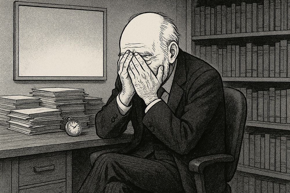 A monochrome manga-style illustration. A vintage university laboratory from the late 2010s. Aged wooden desk and bookshelf. The desk is cluttered with piles of research papers and an old pocket watch. The room is tidy but filled with a heavy atmosphere. A lonely old professor in his early 70s sinks deeply into his chair. He wears a black suit with striped trousers. His hair is white and thinning at the top, with a white mustache and beard. No glasses. He covers his face with both hands, embodying a feeling of resignation, as if thinking, “What was the meaning of my life?” A whiteboard and many books fill the background. The lighting is dim. The linework is delicately rendered in the style of classic manga using maru-pen, spoon-pen, and screentone, reminiscent of late-period 1980s Japanese manga.