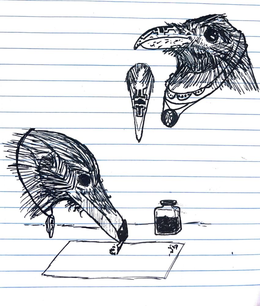 Cytherian Corvid with a pendant and writing utensil writing on paper (left), another showcasing his honorific beak etchings (right)