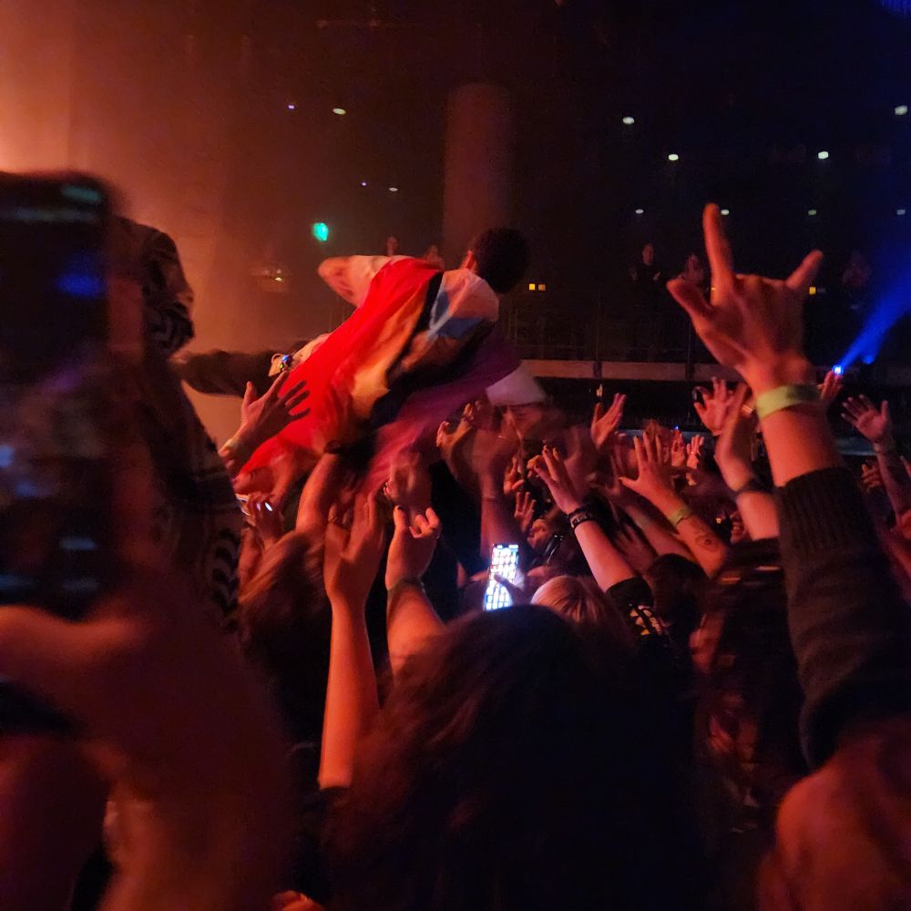 granny crowdsurfing while wearing the all inclusive pride flag, I was only about a 5 persons distance from him and Im still utterly shocked and grateful I got to experience anything like this