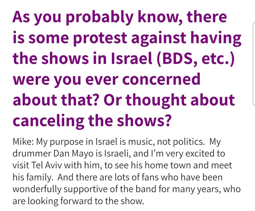 Direct screenshot from the interview linked in this comment. Mike Shinoda has shown no sympathy for Palestine and was only excited to go.