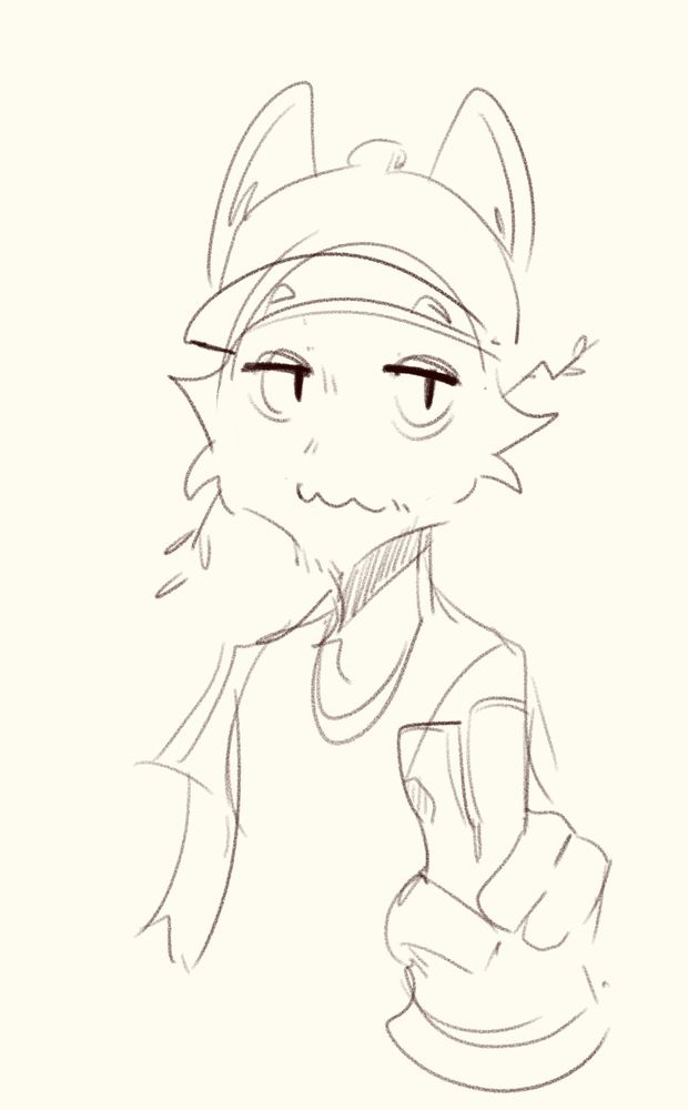 My fursona wearing a baseball cap and a really big garden glove holding up a peace sign. He's got some branches stuck in his fur.